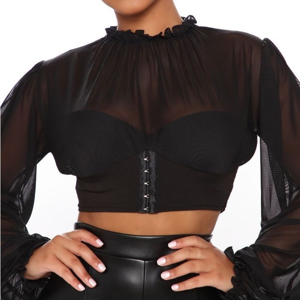 Black Mesh Bustier Ruffled Blouse - Picture 2 of 6